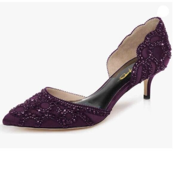 XYD Women's Elegant Pointed Toe D'Orsay Kitten Low Heels Rhinestone Studs Purple - Picture 1 of 8
